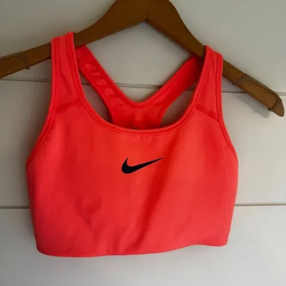 Nike Dri Fit Sports Bra Small Hot Pink Swoosh Unlined No Padding Gym Workout - Picture 1 of 9